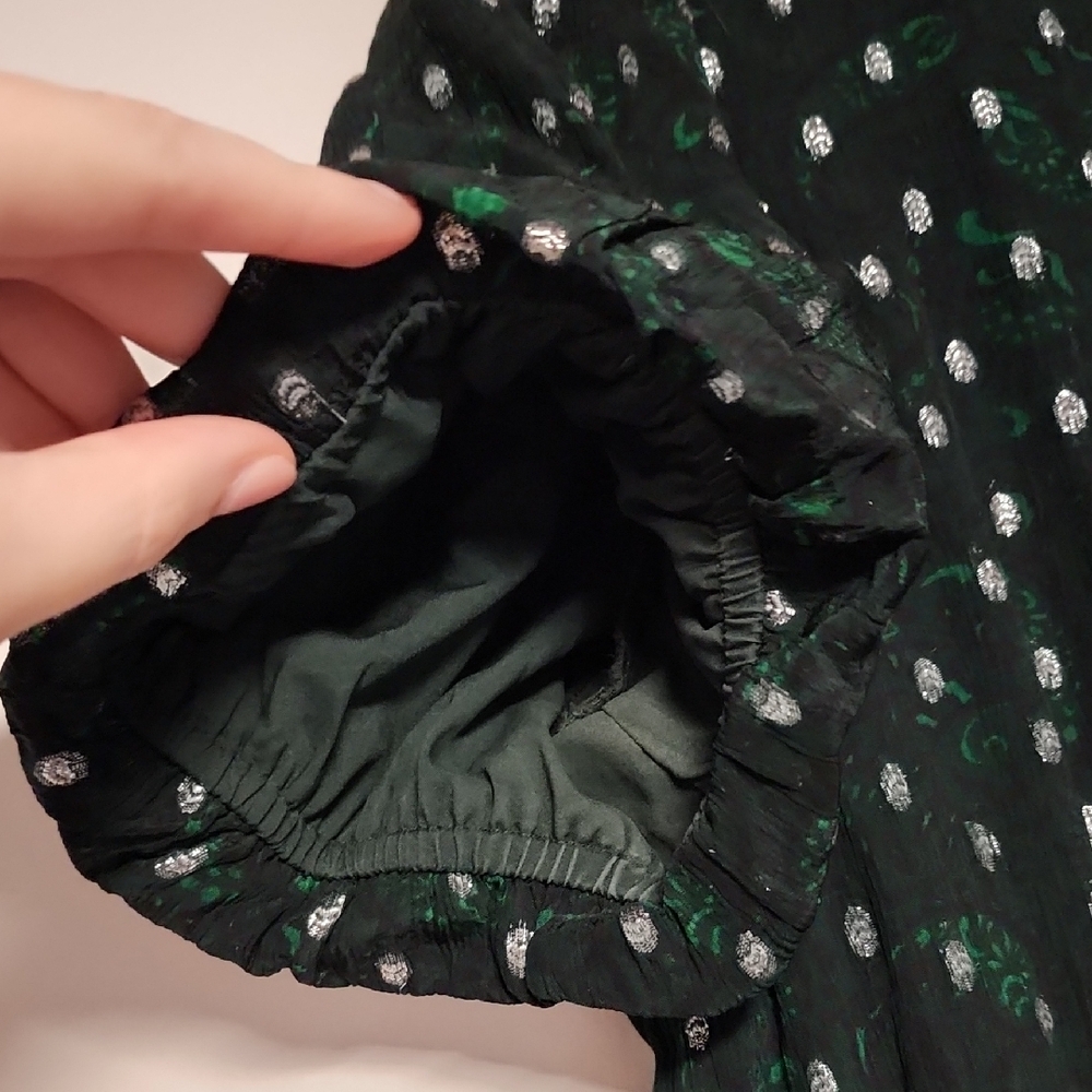 LOFT Metallic Clip Pintucked Flare Dress Green & Silver Size L - Picture 6 of 12